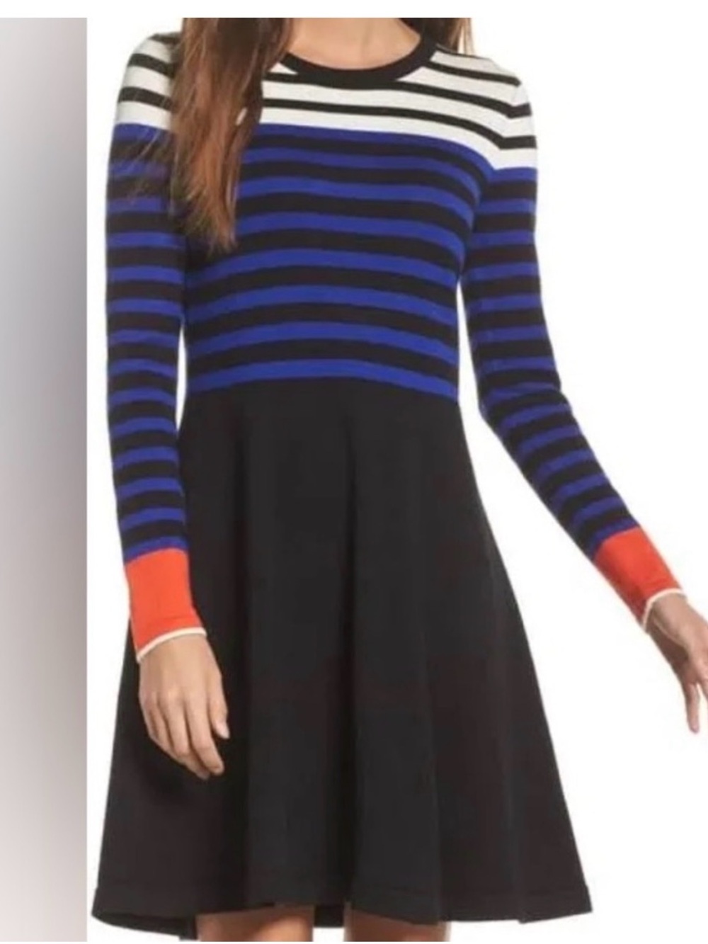 Vince Camuto Striped Knit Fit-and-Flare Sweater Dress - Black/Blue/White/Red, XS